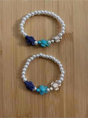 Pearl Beaded Turtle Stretch Bracelets - Blue, Turquoise, Cream